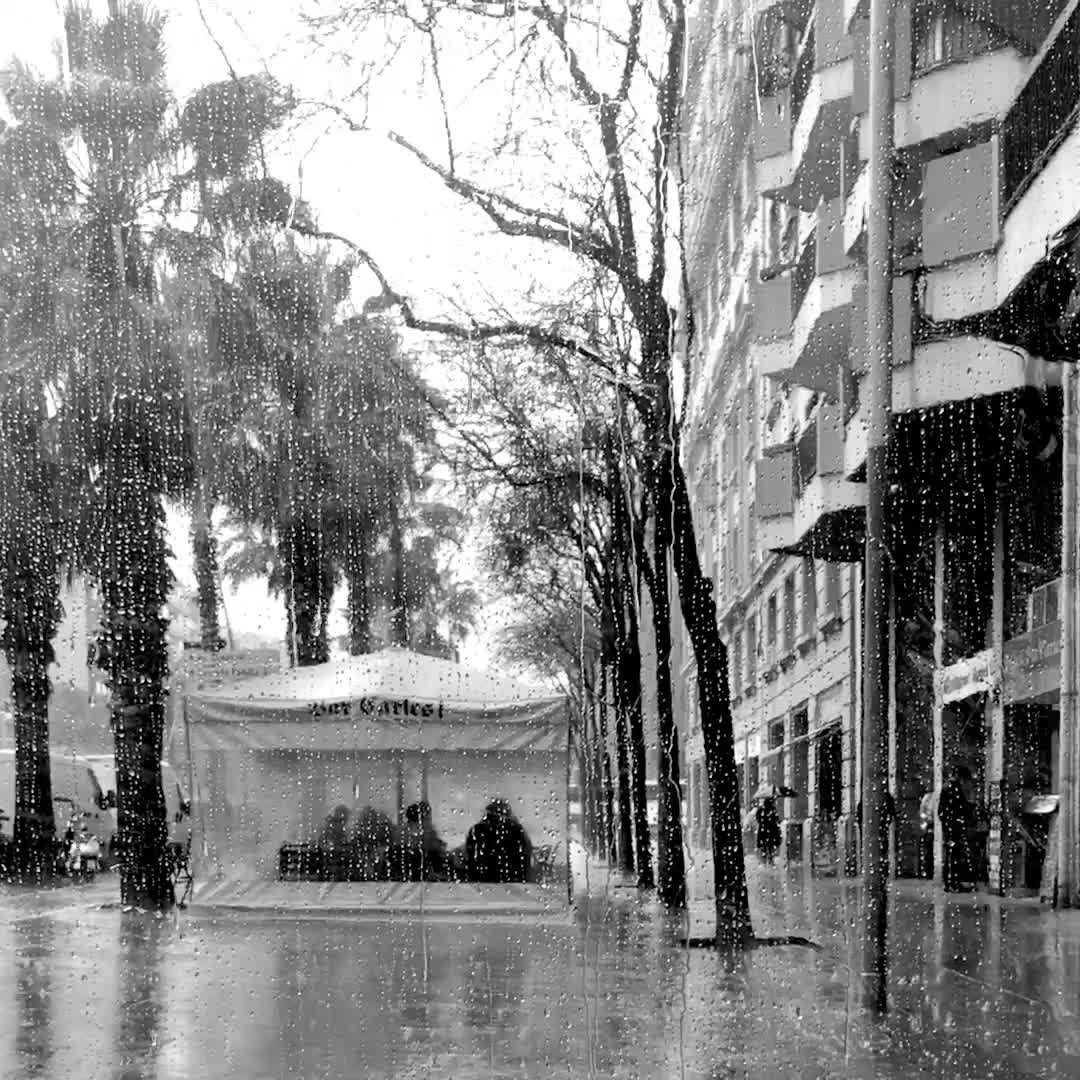 Rain streams down a sheet of glass; across the flooded rambla, people shelter under the Bar Carles tent
