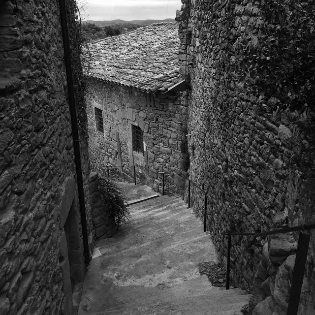 Worn stone steps rising between houses under a dusk sky