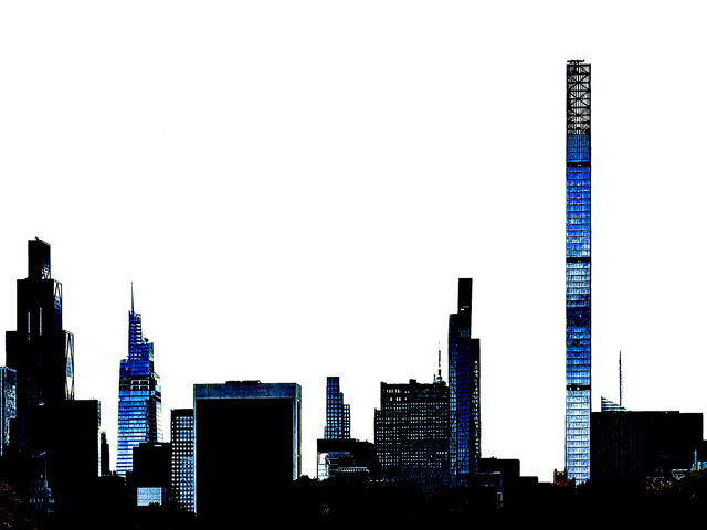 Midtown Manhattan's pencil towers in stark silhouette against a white sky, seen from Central Park, their glass picked out in blue
