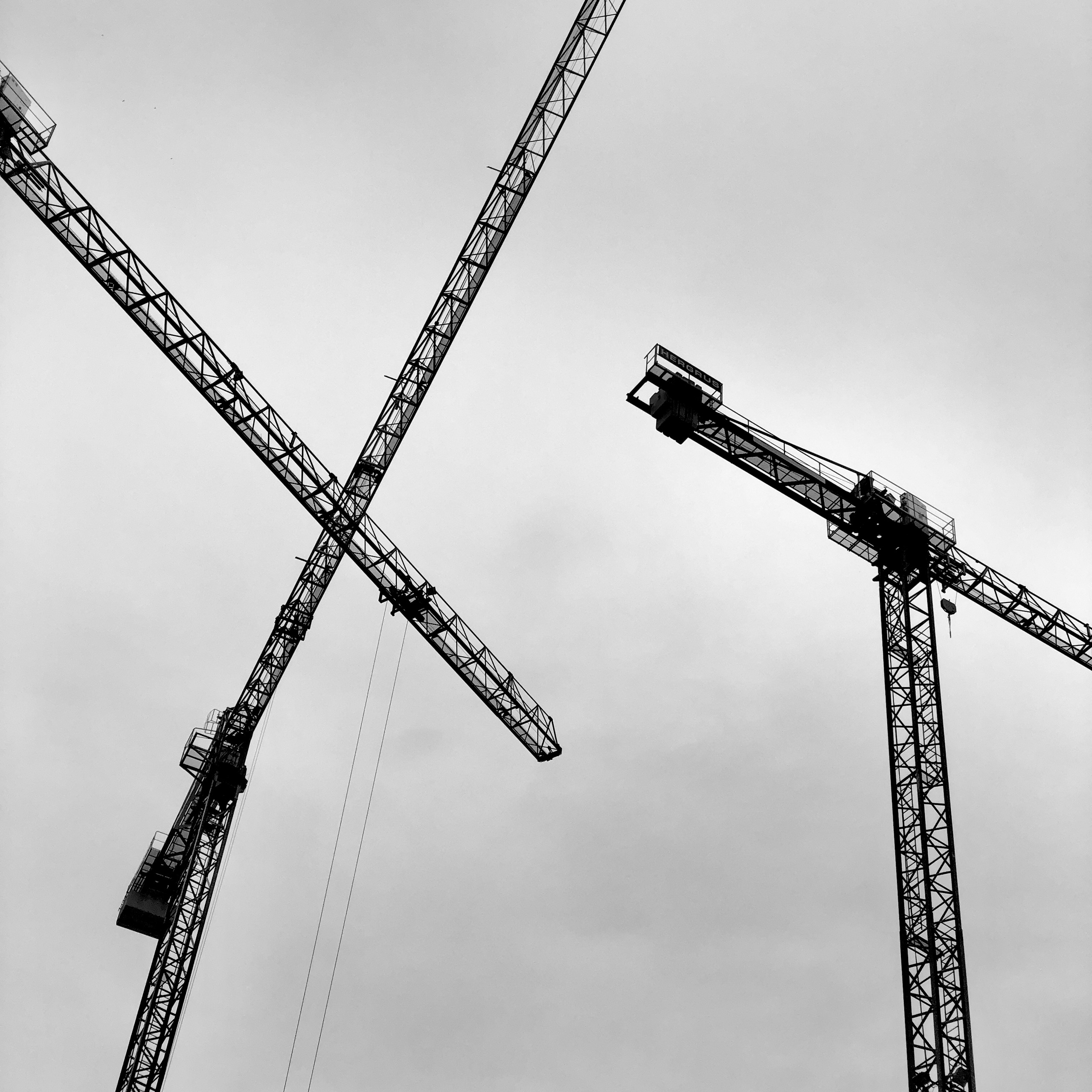 Four tower-crane jibs cross a flat grey sky, latticework interleaved