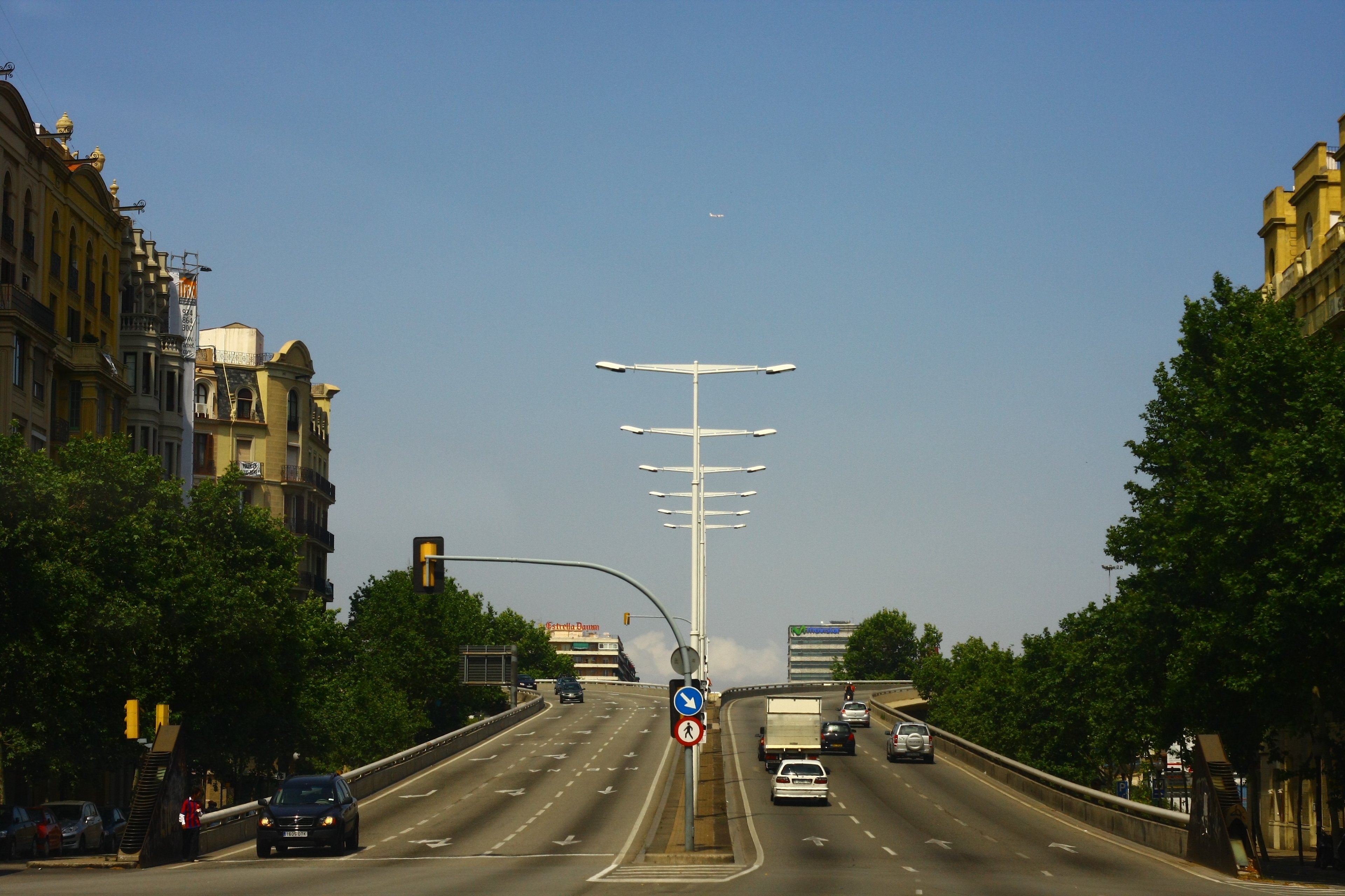 Tree-lined avenue with a tall central lamp mast and light traffic