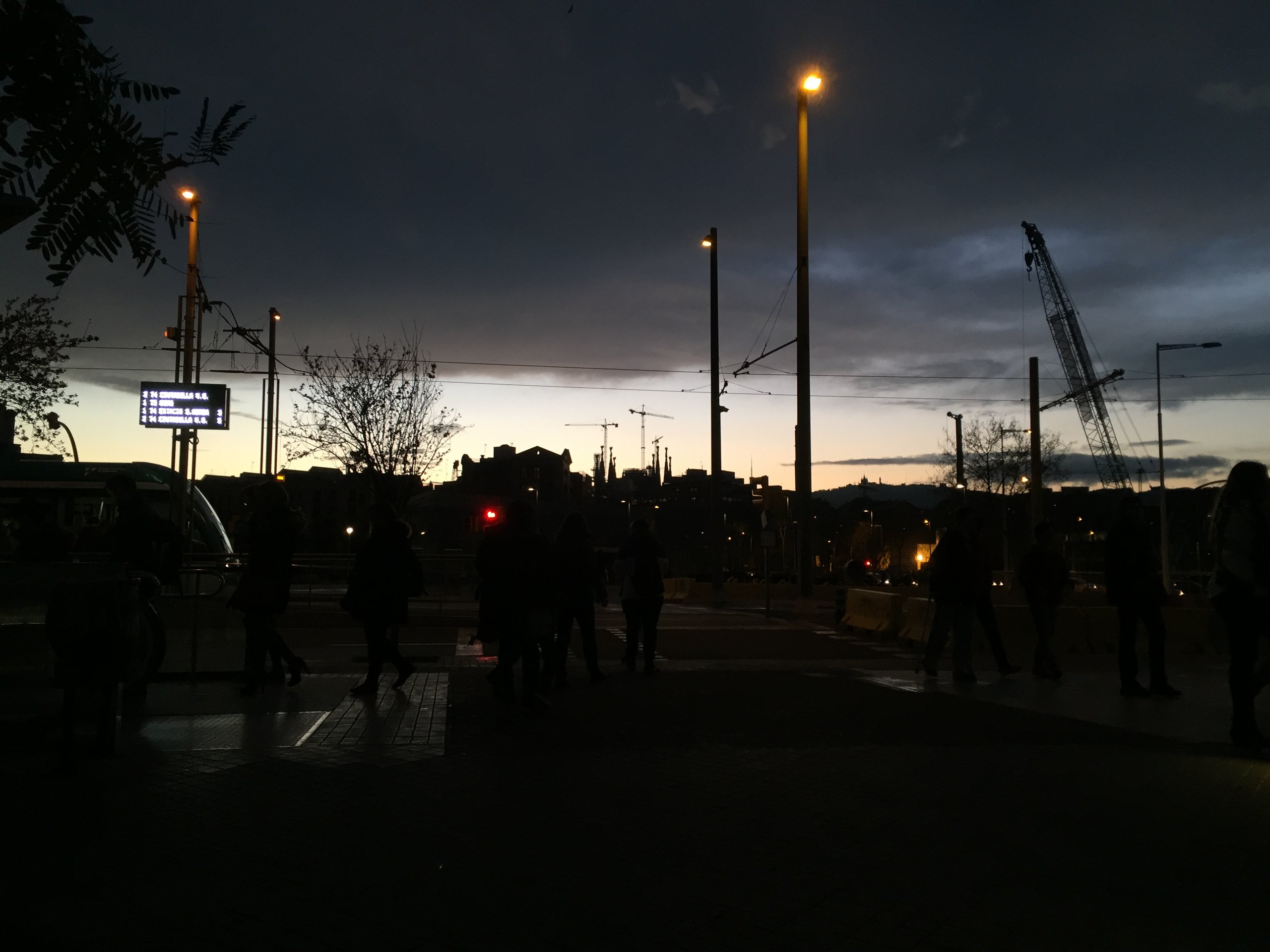Silhouetted figures and construction cranes against a deep blue evening sky