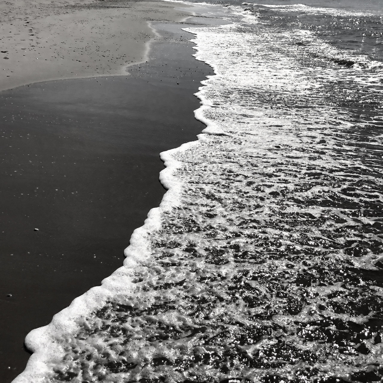 A wave's foam edge stitches a bright seam across dark wet sand