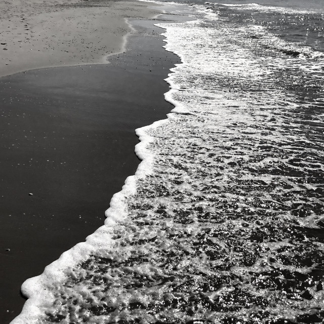 A wave's foam edge stitches a bright seam across dark wet sand